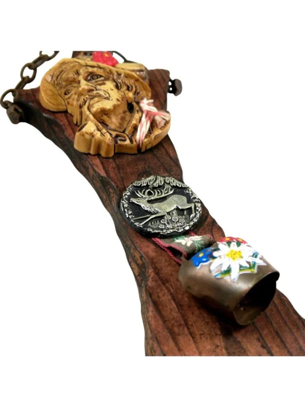 1970s Folk Art Key Rack – Alpine Bust, Buck Medallion, Bell, Rustic Wood
